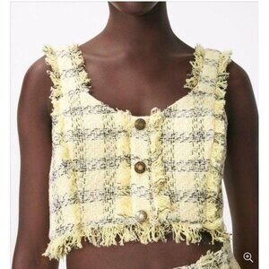 ZARA Yellow Tweed Cropped Tank Top w/ Fringe Trim & Button Front - Size M